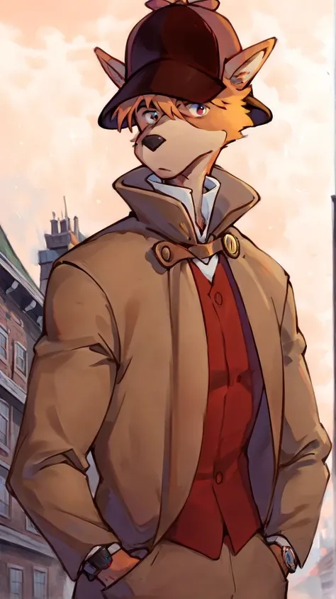 solo, male, furry, brown detective hat, travelers cloak , dark red vest, white dress shirt, holding a pocket watch, looking at pocket watch, light breeze, short hair , messy hair, outside, digital painting, athletic male furry, clouds, sunny weather