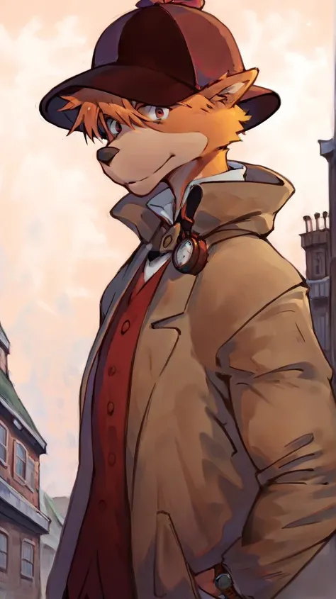 solo, male, furry, brown detective hat, travelers cloak , dark red vest, white dress shirt, holding a pocket watch, looking at pocket watch, light breeze, short hair , messy hair, outside, digital painting, athletic male furry, clouds, sunny weather