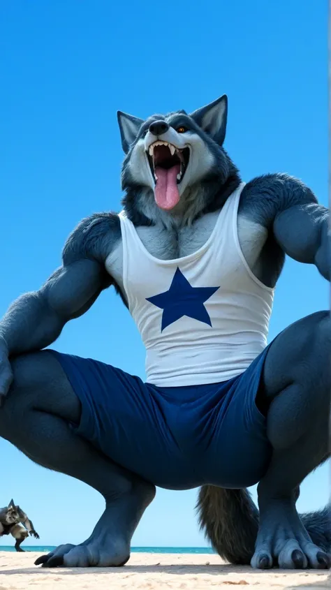 Male blue werewolf, white tank top, blue star print, furry,  squatting in the front, squatting , on the outside, cuerpo completo, wolf tail , looking at the spectator,  amber eyes , anthropomorphic wolf, in front al espectador , in front, vista frontal , b...