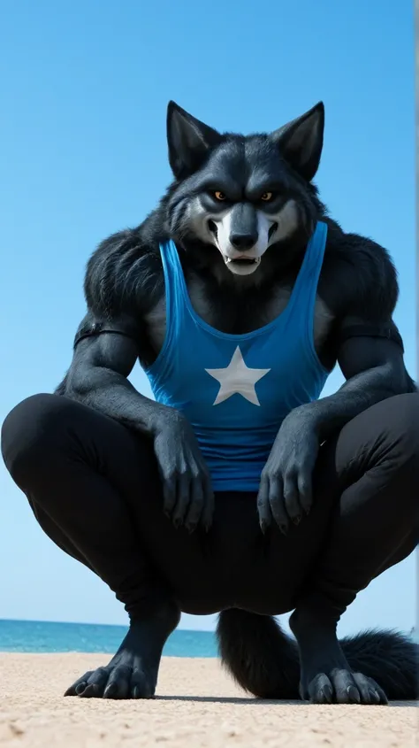 Male black werewolf, blue tank top, white star print, furry,  squatting in the front, squatting , on the outside, cuerpo completo, wolf tail , looking at the spectator, Dark black fur, amber eyes , anthropomorphic wolf, in front al espectador , in front, v...