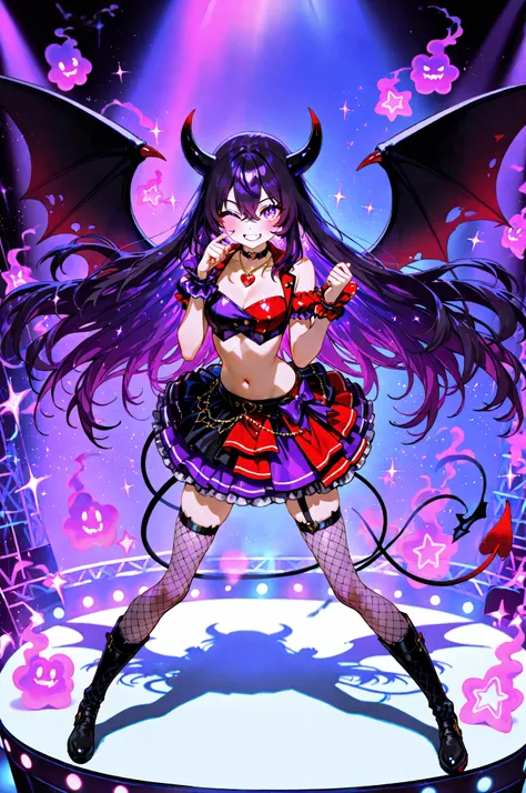 masterpiece:1.3, 8k:1.3, Highest Quality:1.3, detail:1.3, high resolution:1.3, Digital Painting, ultra detailed, upper body, 3/4 viewer, สBeautiful demon girl, small black horns, long dark purple hair, glowing purple eyes,eye_focus, red and purple idol out...
