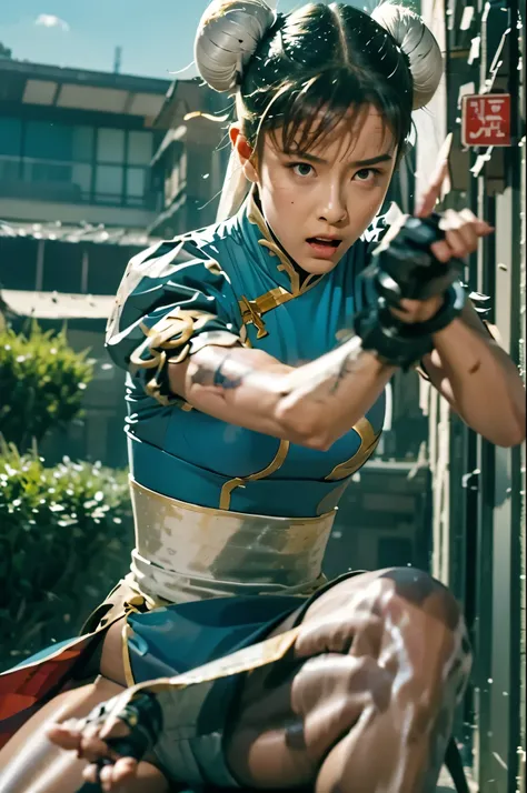 Looking Here, Battle Pose, fighting, Serious Expression, is cool, Full Body, hyper real, photo real, Realistic, masterpiece, 8K, high image quality, sweat, two white buns, Dynamic, Chun Li, two white buns, action scene, spin kick(pelvic curtainが風で大きく捲れて銀色...