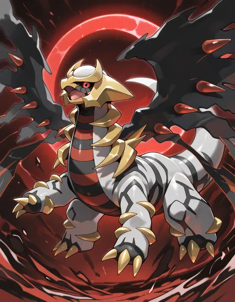 ((masterpiece,best quality)), absurdres, <lora:Giratina:0.8>,(dynamic flying pose)+,sideview,profile,(looking at viewer), Giratina, no humans, solo, red crescent moon, red theme, red glow, animal focus, black sclera, black wings, claws, colored sclera, c...