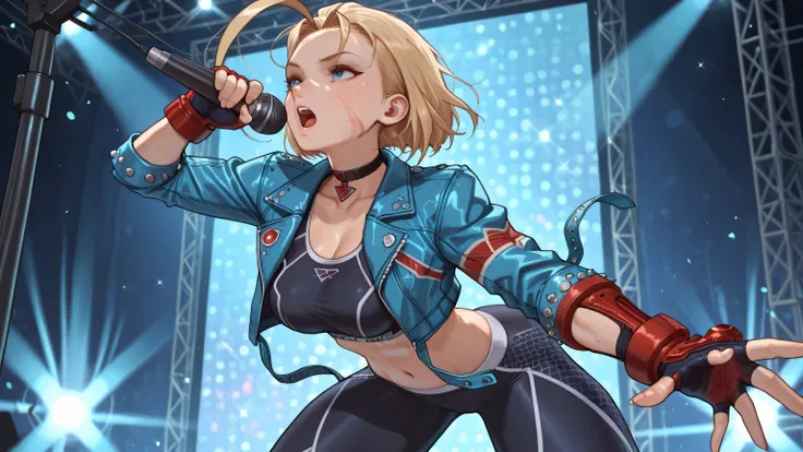 A woman singing into a microphone.Cammy White, blue eyes, facial scar, Blonde, short hair, giant ahoge, choker, black sports bra, black leggings, Red gloves, Fingerless Gloves, cropped jacket, roll up your sleeves, open jacket, blue jacket, multicolor jack...