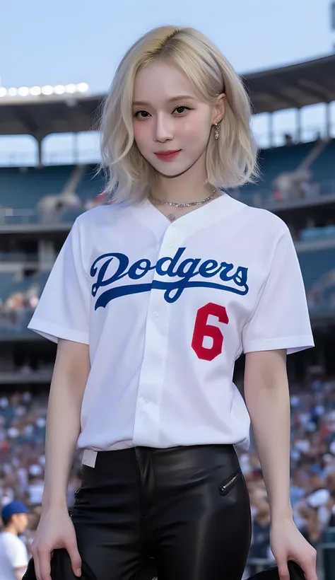    creates a photo of a young woman with white, wavy bob hair, and gray hair for magazines  ,.  She wears a white Dodgers uniform with number 6、 wearing black low-rise leather pants 、  earrings futuristic punk outfit with big cleavage,   necklace,   earrin...