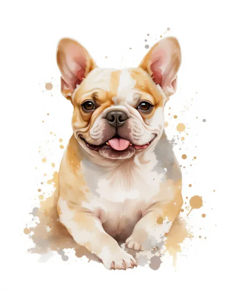 a stylized kk_wcolor watercolor painting - gold, white and silver of a silly french bulldog with his tongue out of his mouth. On a white background with splotches,slpatters and drips of paint 