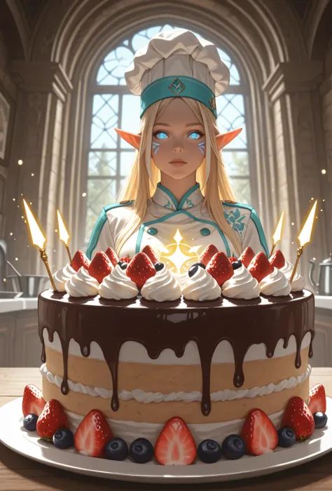 Aesthetic_PDXL,a portrait of a female elf (intense details, Masterpiece, best quality) fantasy chef, fantasy celestial baker, making magical cake, an ultra wide shot, epic beautiful female elf, blond hair with chunky red streaks highlights , rich hair, glo...