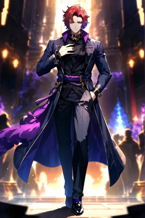 A slim Male figure stands adorned in a visually striking outfit that combines elements of fantasy and futuristic design. Their attire is dominated by a long, flowing black and blue coat with luxuriant,, fluffy blue trim along the collar and cuffs, adding a...