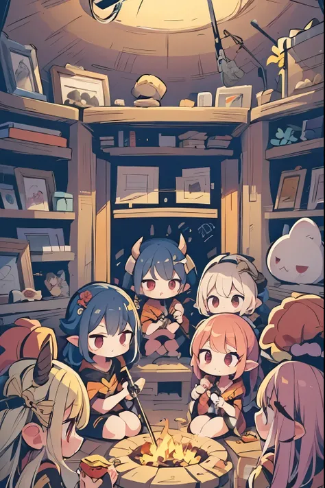 "Backstage at the Lava Lounge" A group of demon idols getting ready for their concert—one's fixing their horns, another's adjusting their flaming mic stand.