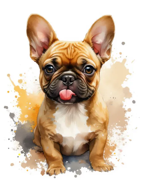 a stylized kk_wcolor watercolor painting - gold and black colors, of a silly french bulldog with his tongue out of his mouth. On a splash colors background with splotches,slpatters and drips of paint 