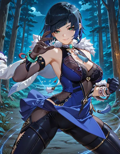 masterpiece, best quality, amazing quality, <lora:genshin-yelan-ingame-illustriousxl-lora-nochekaiser:1>, yelan, yelan (genshin impact), 1girl, solo, adult woman, beautiful lady, black hair, blue hair, eyebrows hidden by hair, green eyes, multicolored hair...