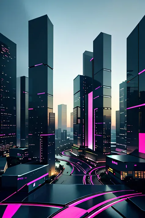 A single 7-story modern building standing alone at night.
On the rooftop, a large glowing pink neon sign with the word "Arte".
The facade is sleek glass and metallic panels, reflecting the neon glow.
The design looks like an ordinary office building fro...