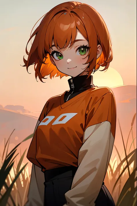 one woman、solo、orange hair、bob hair、green eyes、Smile Yan、upper body close-up、Orange sweatshirt 、black pants、sunset sky、Wide grassland