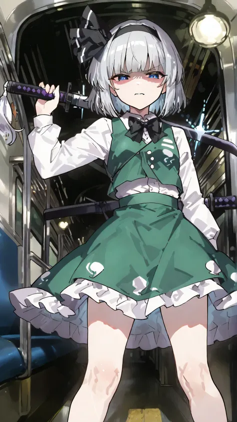 masterpiece、Highest Quality、high resolution 、newest、girl 、beautiful eyes on my stomach、beautiful face、HD Skins 、Touhou Project、 魂魄Youmu、Youmu、 Holding the blade down、standing bravely with legs shoulder-width apart、placing left hand on the scabbard,  subway...