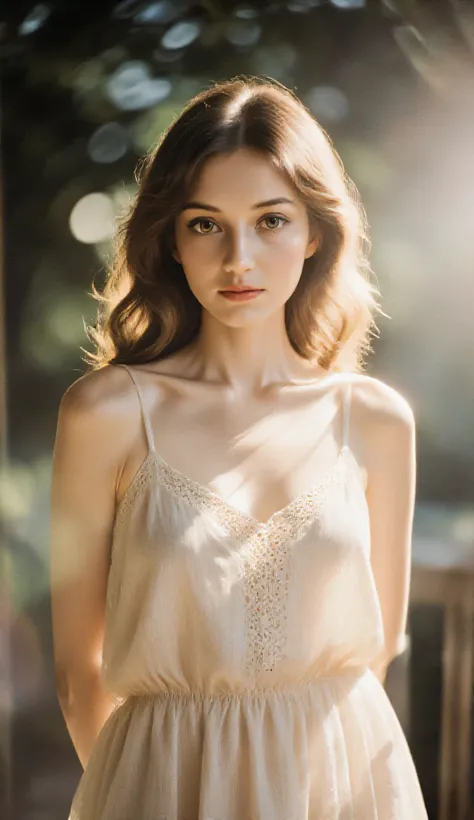 A 22-year-old female model with soft, natural beauty. 
She has wavy golden-bronze hair, often styled with a side sweep, 
hazel green eyes, and delicate Italian-inspired 1980s facial features. 
Her body is tall, slim, with a true supermodel figure. 

She we...