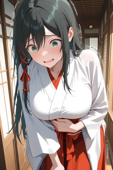 amagamiYae, green eyes,long hair,black hair,red ribbon,hair ribbon, miko, white kimono, general, masterpiece, highres, ultra-detailed, hyper-detailed, best quality,  amazing quality, very aesthetic, best hands, best eyes, best hand
adult woman, 1woman, han...