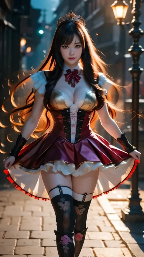 Pink厚底ブーツ、Cute Girl、big breasted、 full body depiction、Magical Girl、Realistic、hyperreal、girls、Pink Sweet Lori Outfit, Pinkレース刺繍フリルミニスカート、Panniers、lace embroidery ruffled knee-high socks、Pink Garter、Pink厚底ブーツ、Pink髪、twin ponytail,  , Night City、background blu...