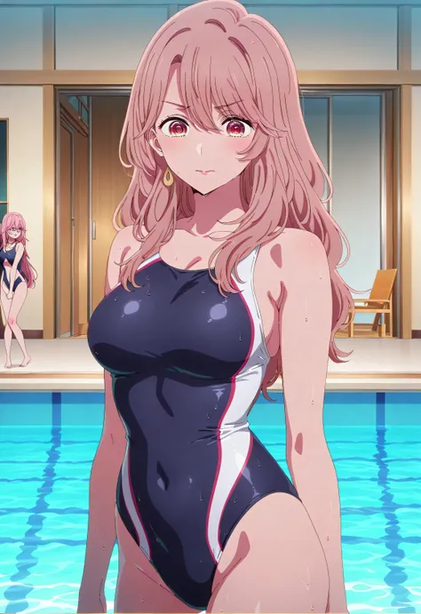 Japanese woman with semi-long hair wearing a competitive swimsuit、Sexy Poses、Pool、Saitou Miyako