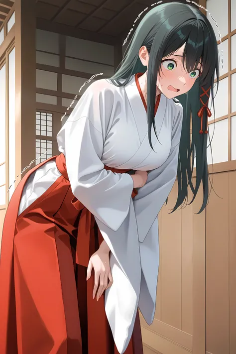 amagamiYae, green eyes,long hair,black hair,red ribbon,hair ribbon, miko, white kimono, hakama skirt, red hakama, general, masterpiece, highres, ultra-detailed, hyper-detailed, best quality,  amazing quality, very aesthetic, best hands, best eyes, best han...