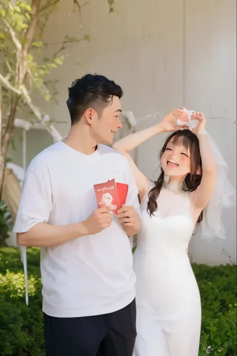 Happy Couple Wearing a Wedding Dress、Leading a Dog、8k、Walking a Romantic Path、The Boy Is Handsome、The Girls Are Friendly、cartoon style