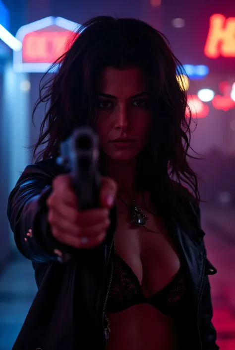 a woman with dark messy hair, a leather jacket over a bra, in a dimly lit street, neon lighting, aiming a pistol, beautiful detailed eyes, beautiful detailed lips, extremely detailed eyes and face, long eyelashes, sensual pose, cinematic lighting, dramatic...