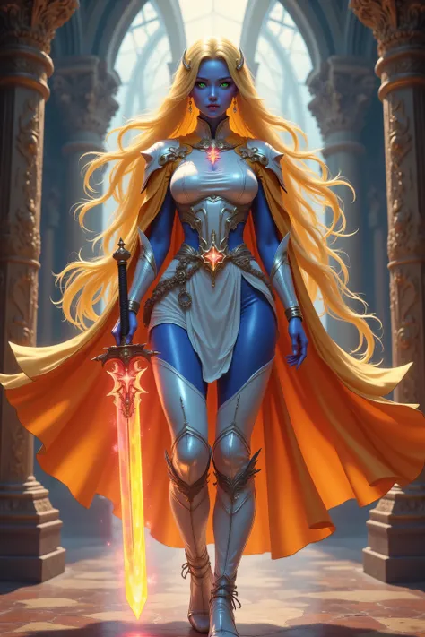 Colorful,FntsyPstlCE style,l,portrait of a female cleric, dark blue skin, exquisite beauty , cleric , female , yellow hair , long hair , (((no ears: 1 . 5))) , green eyes , armed with a fiery sword red fire , wearing twilight priestly combat vestments, we...