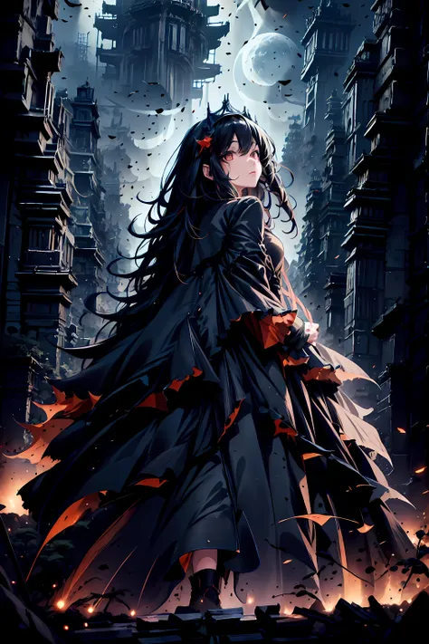 The World of Vampires,Family of Vampires,Crimson Night、Shadows ,Detailed Photorealistic Portraits,bust shot,cowboy shot in a dirty abandoned house,gem,black tiara,pale face,Inflammation,delicate texture,Realistic composition,Dynamic Perspective,Dark Gothic...