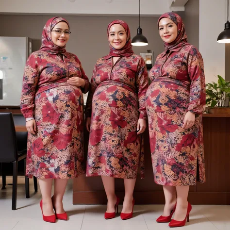 3 preggos girls , batik hijab, glasses, wearing a short batik tight pencil skirt that falls above her knees. huge belly, huge ass, big boobs, wears red high heels, smile face,  looking camera , background in kitchen hotel , realistic. 