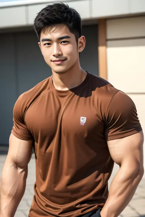 18-year-old male、Japanese、handsome guys、Macho、athlete、plain brown clothes、short hair、smile
