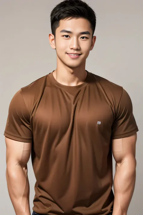 18-year-old male、Japanese、handsome guys、Macho、athlete、plain brown clothes、Fong Master、smile