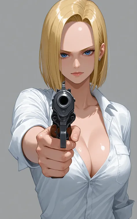片手 holding weapon, handgun, holding gun, aiming at viewer, revolver, finger on trigger,(masterpiece, detailed:1.2),onepiecestyle,一人で、一人だけ、美女、セクシー、(人造人間18号:1.2)、Android18、巨乳、(ブラックスーツ:1.2)、白背景、金髪、ショートヘア、パールのイヤリング、パールのネックレス、猟奇的な笑顔、ワンハンド