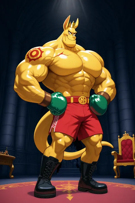 a giant muscles boxing king kangaroo, golden yellow skin, golden crown, bigger green boxing gloves, wearing red shorts, wrestler champions golden belt, brown bracelets, bigger red cartoon eyes, big ears, big feets, big scars on his pecs and eyes, veins, re...