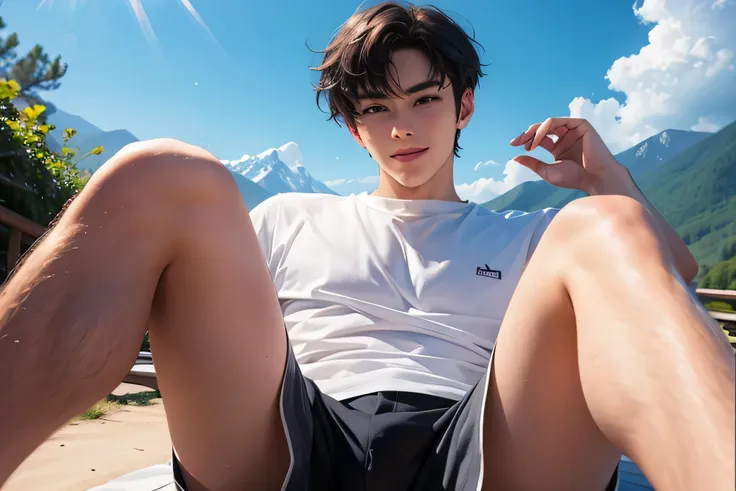 Adult Male　30 years old　handsome guys　short hair　dark haired　　　whiteｔshirt　　White Shorts　白のknee-length shorts　　My crotch when my legs are open　　Look up a little bit and look happy　　summer resort　 Plateau　　the background is a beautiful sky and mountains　カメラ...