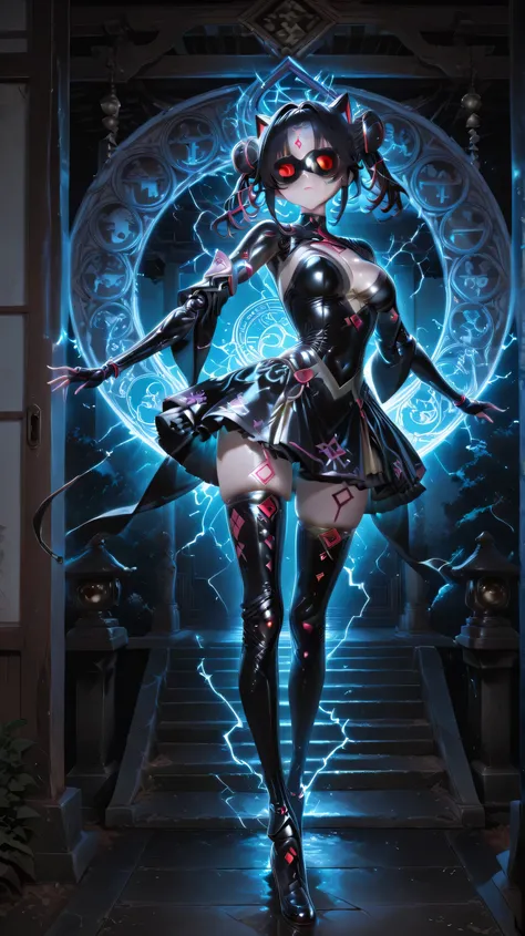 Cyber Priestess　Japanese temple priestess　Get the electricity out of your hands　Kitsune Cyber Dennow Shrine　Decorated VR glasses　deform　 comical　Cute　ちっさくてCute　full body　 dance pose 　deformされた体　small and Cute Japanese animation girl