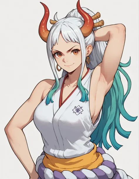 yamato (dress), solo, 1girl, smile, closed mouth, simple background, with one arm behind his head