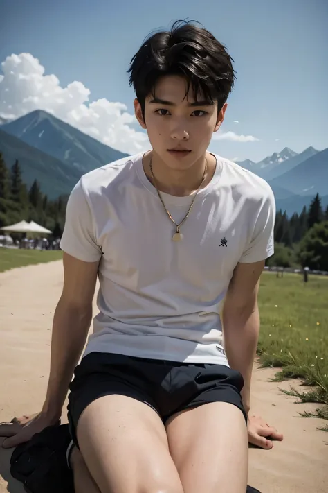Adult Male　30 years old　handsome guys　short hair　dark haired　　　whiteｔshirt　　White Shorts　白のknee-length shorts　　their crotch is huge when they break their knees and open their legs　Groping the crotch　Look up a little and look troubled　　summer resort　 Platea...