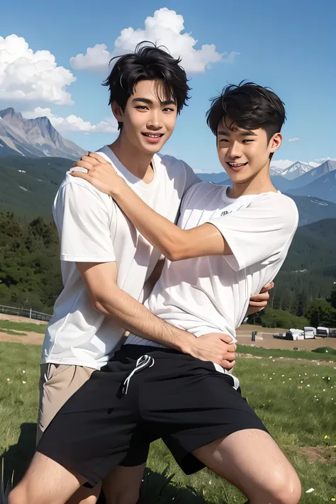 Adult Male　Duo　handsome guys　 slim figure　Thin　short hair　dark haired　　　whiteｔshirt　　White Shorts　白のknee-length shorts　My crotch when my legs are open 　 Plateau　　the background is a beautiful sky and mountains　　Make your face bigger　　looking at the camera ...