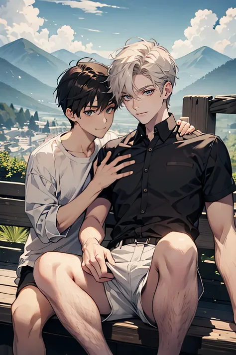 Adult Male Duo handsome guys slim figure Thin short hair dark haired whitetshirt White Shorts 白のknee-length shorts My crotch when my legs are open Plateau the background is a beautiful sky and mountains Make your face bigger looking at the camera ...