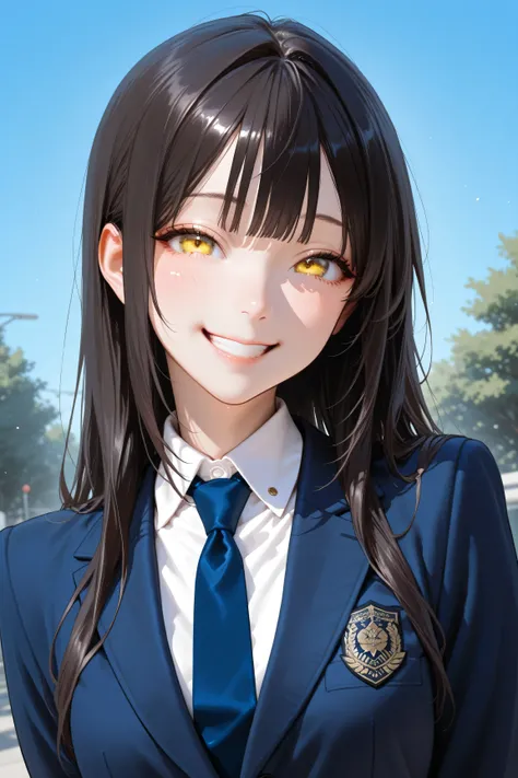 1 girl、dark haired、Yellow Eyes、long hair at Boro-Yado、cute、Smile、uniform、blazer after face、 calm、kind、Smile Yan、smiling、Blue Sky、cute、fine、Bright