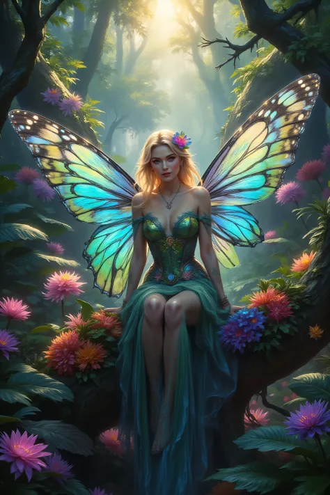 Colorful,FntsyPstlCE style,midjourney ,a picture of a jungle fairy , an extraordinary beautiful , elegant beauty , divine beautiful fairy , spread blue and green butterfly wings , colorful wings , pink eyes , glowing eyes , ultra detailed face , best deta...