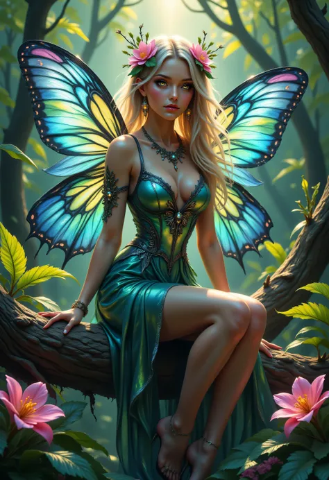 Colorful,FntsyPstlCE style,midjourney ,a picture of a jungle fairy , an extraordinary beautiful , elegant beauty , wild beauty, exotic beauty , spread blue and green butterfly wings , colorful wings , pink eyes , glowing eyes , ultra detailed face , best ...