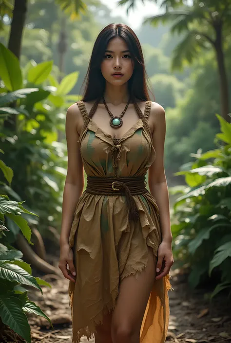 Mesolitikum, 

((Realistic cinematography  intricately angle of primitive tropical deep jungle on the landscape background)),during prehistoric age era,female primitive priest,she is wearing simple folk traditional primitive,((leaf fabric)),long tunic dres...
