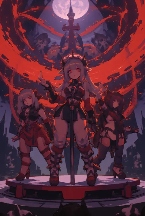Dramatic dark anime concert scene, three charismatic idol girls perform on a huge stage, microphone surrounded by tongues of hellfire. The first girl in black and red gothic dress with slits, long silver hair flutters, stands in the center with his hand ra...