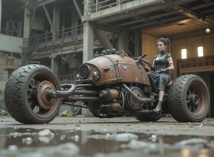 The image shows a desolate stage with a Renegade Princess, and taking the handlebars to adapt to the speed on a uniquely designed motorcycle that embodies a steampunk or post-apocalyptic aesthetic. The motorcycle is sturdy, has only 2 sturdy all-terrain wh...