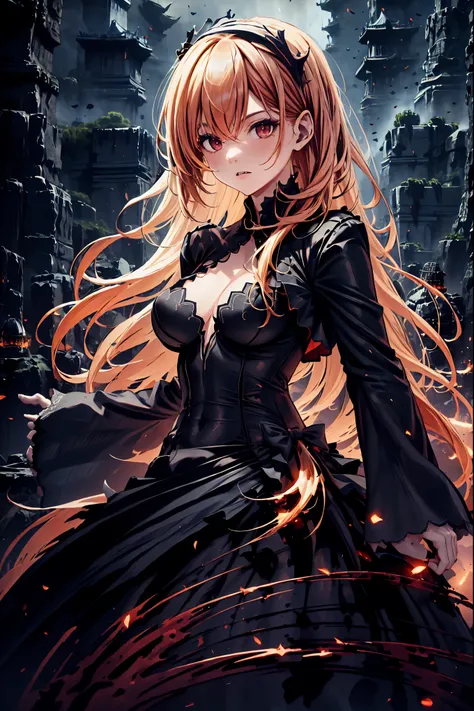 There is only one vampire left in this world,Thousand Years of Solitude,Crimson Night、Shadows ,The World of Vampires,Family of Vampires,Crimson Night、Shadows , Detailed Realistic Portraits,Blonde,bust shot,cowboy shot in a dirty abandoned house,gem,blac...