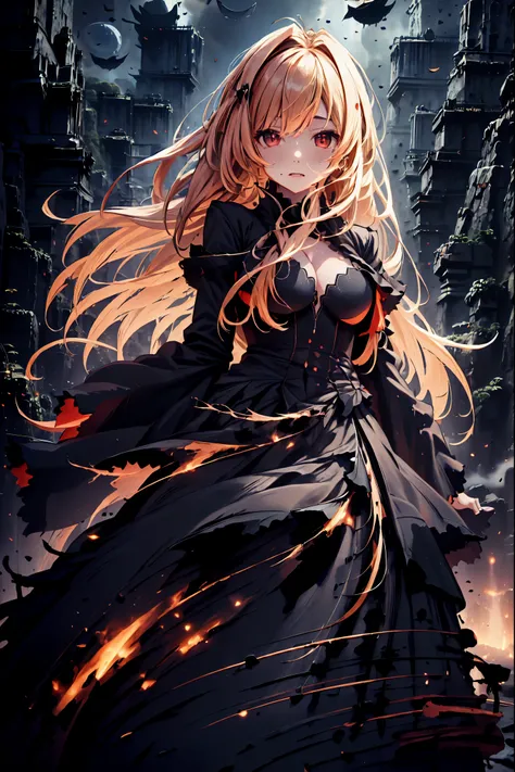 There is only one vampire left in this world,Thousand Years of Solitude,Crimson Night、Shadows ,The World of Vampires,Family of Vampires,Crimson Night、Shadows , Detailed Realistic Portraits,Blonde,bust shot,gem,black tiara,pale face,Inflammation,delicate...