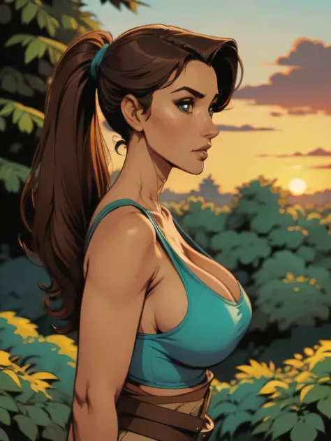 ( linhas absurdas, high definition, ultra fino, Take care of your hand ) Close up of a thin and athletic woman (Lara Croft), 25 anos, 16k (( high definition )), sighing look, olhar sedutor ((looking at the spectator)), olhos castanhos, wearing a teal blue...