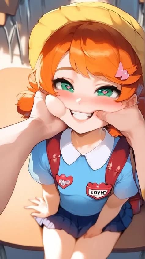 score_9, score_8_up, score_7_up, GwenSDXL,1loli, 9yo, lolita, small breast, skinny, young, shortstack, petite, short hair,shirt,hair ornament,short sleeves,green eyes,earrings,hairclip,orange hair,swept bangs, sitting on table, cute, kindergarten uniform, ...