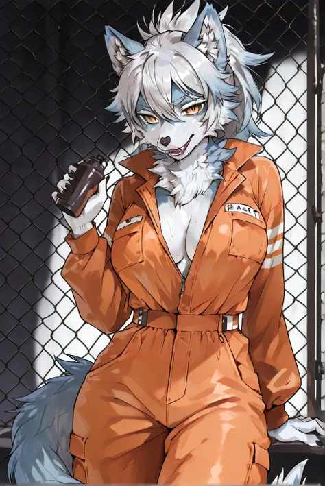 ((Best Quality))、(Beast face)、Heroine、Wolf Girl、orange jumpsuit、prison、girl、