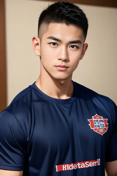 18-year-old male、Japanese、handsome guys、Macho、athlete、plain navy colored clothes、Shaved head